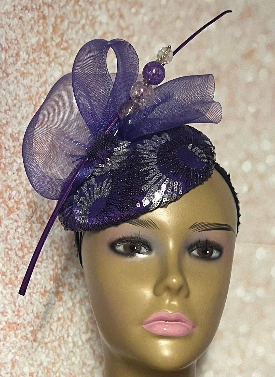 Purple Sequins and Rhinestones Half Hat for Church, Wedding, Mother of