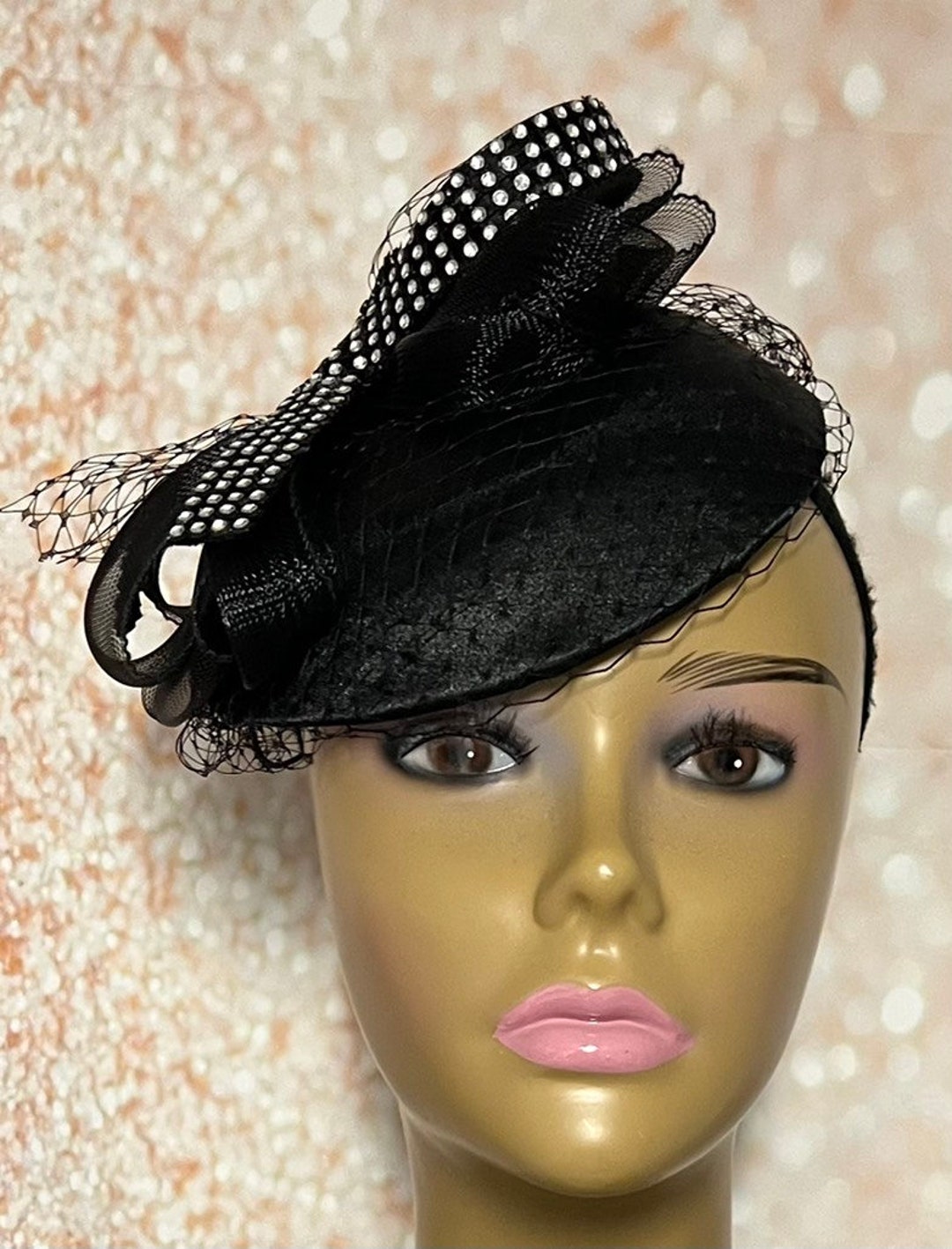 Black Satin Fascinator Half Hat for Church Head Covering, Tea Party