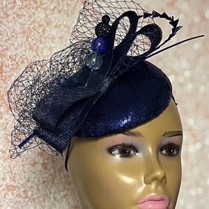 Navy blue velvet blue headband blue headpiece vintage blue hat blue bow Navy Blue Feather Velvet Padded Headband Fascinator  main image 4