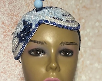 Royal and Light Blue Embroidered Teardrop Fascinator Half Hat for Church, Tea Parties, Weddings, and other special occasions