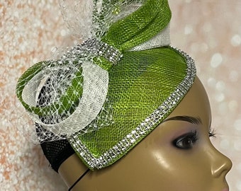 Green and White Sinamay Teardrop Fascinator Half Hat, Church Head Covering, Headwear, Tea Parties, Weddings and other Special Occasions