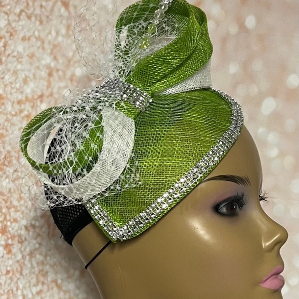 Green and White Sinamay Teardrop Fascinator Half Hat, Church Head Covering, Headwear, Tea Parties, Weddings and other Special Occasions