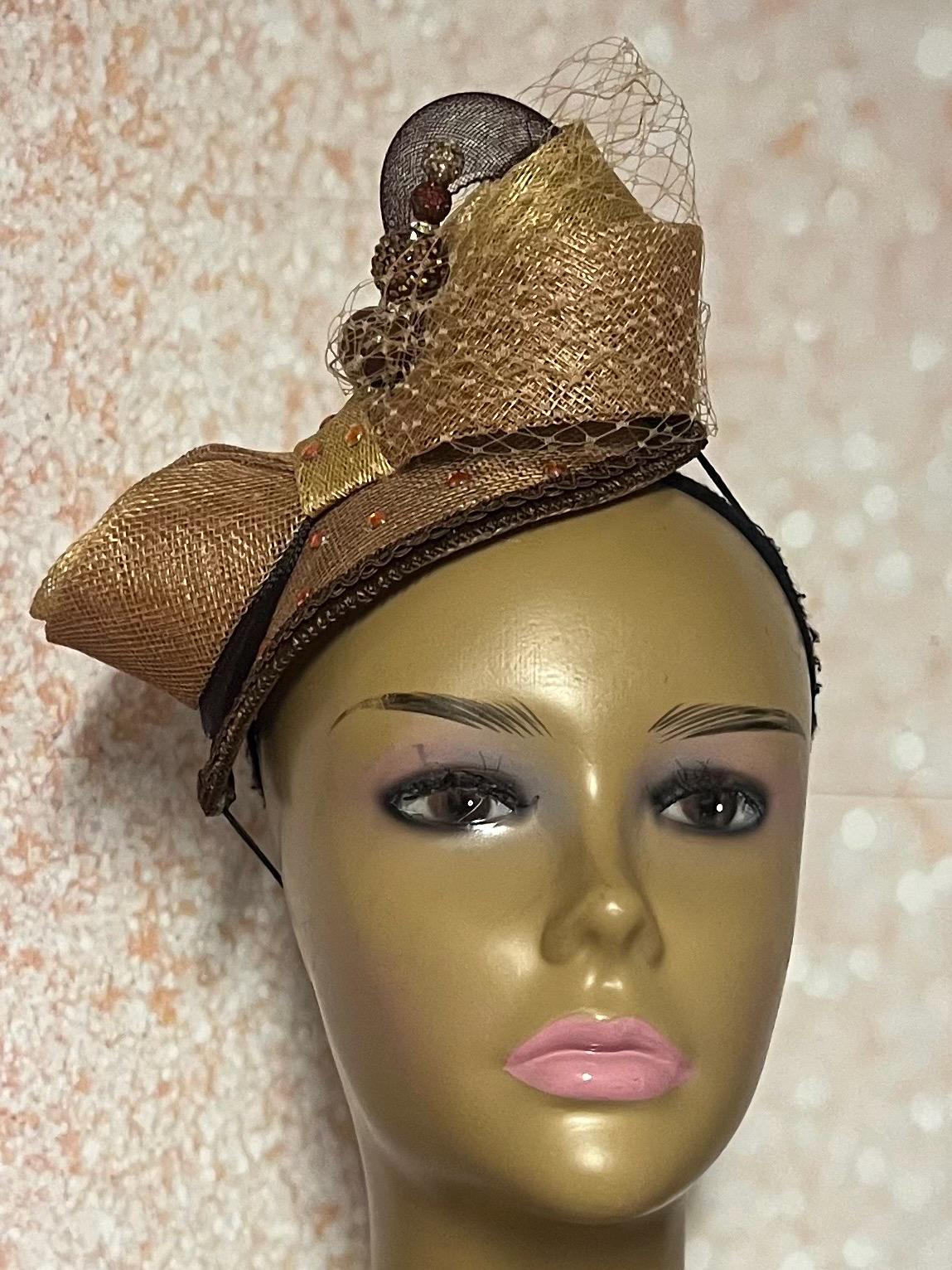 Bronze and Brown Sinamay Teardrop Fascinator half hat for church, weddings, tea parties, and special occasions.