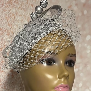 Silver Rhinestones Crystal Bling Teardrop Fascinator Half Hat for Church, Tea Parties, Weddings and other special occasions