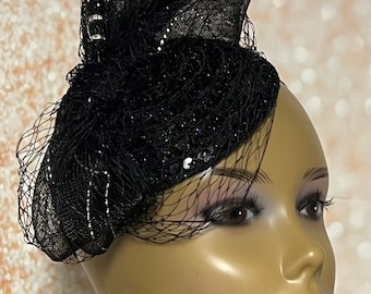 Black Sequin Lace Small Button Fascinator Half Hat for Church Head Covering, Weddings, Tea Parties and  Other Special Occasions