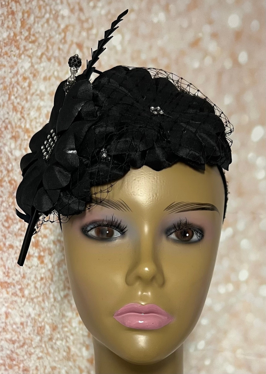 Black Flower Fascinator Half Hat, Weddings, Church, Tea Parties, and