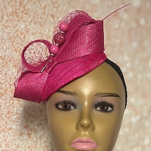 Pink Sinamay Small Fascinator Half Hat, Church Head Covering, Headwear, Tea Parties, Weddings and other Special Occasions