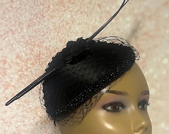 Black Beaded Satin Teardrop Fascinator | Black Half Hat for church, weddings, and other special occasions