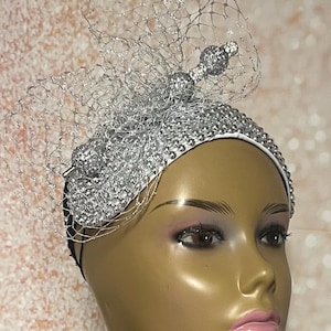 Silver Beaded Headband-Shaped Fascinator Half Hat for Church, Tea Parties, Weddings and other special occasions