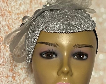 Silver Mesh Sinamay Shiny Bling Fascinator Half Hat for Church, Tea Parties, Weddings and other special occasions