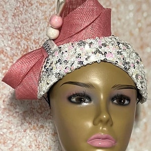 Pink Sequin Fascinator, Light Pink Half Hat for Church head covering, Tea Party, Wedding, and other Special Occasions