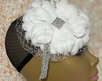 White Flower Fascinator Half Hat, Weddings, Church, Tea Parties, and other Special Occasions