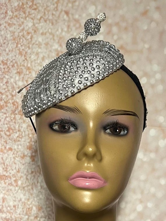 Silver Beaded Button Cocktail Fascinator Half Hat for Church  display picture 3