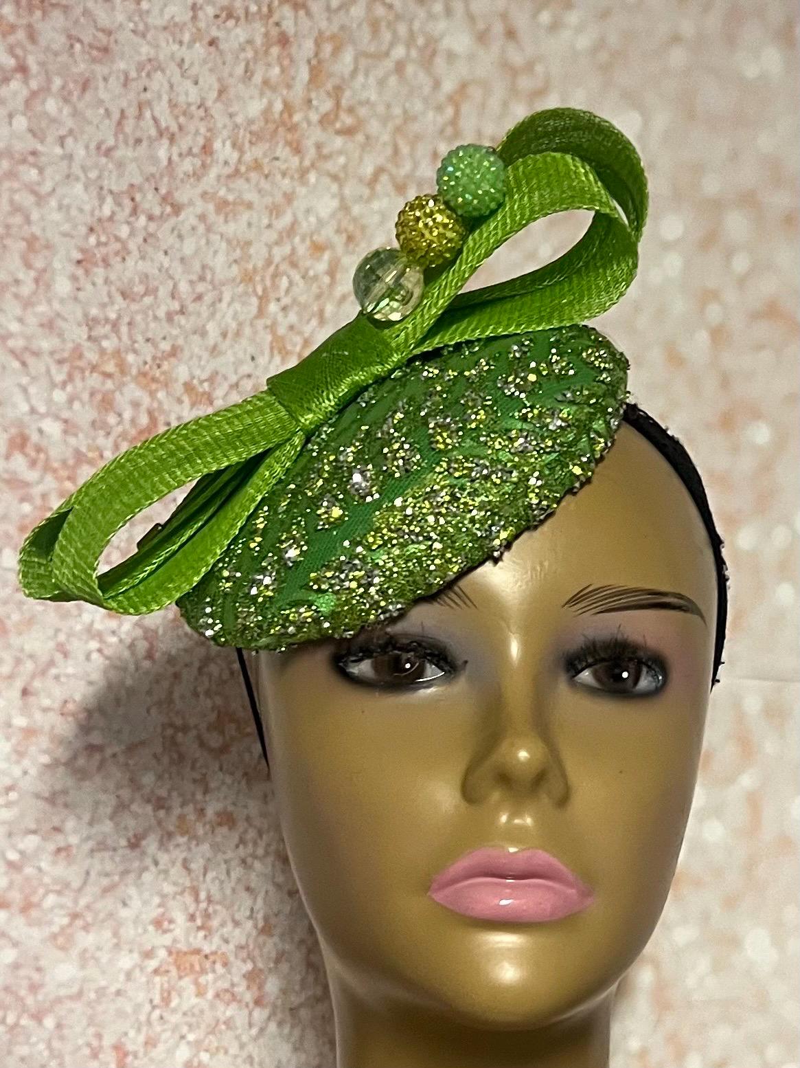 Bright Lime Green Rhinestone Trim Women\'s Fascinator Hat Lime Green Straw Fascinator Hatinator - Kentucky Derby  main image 4