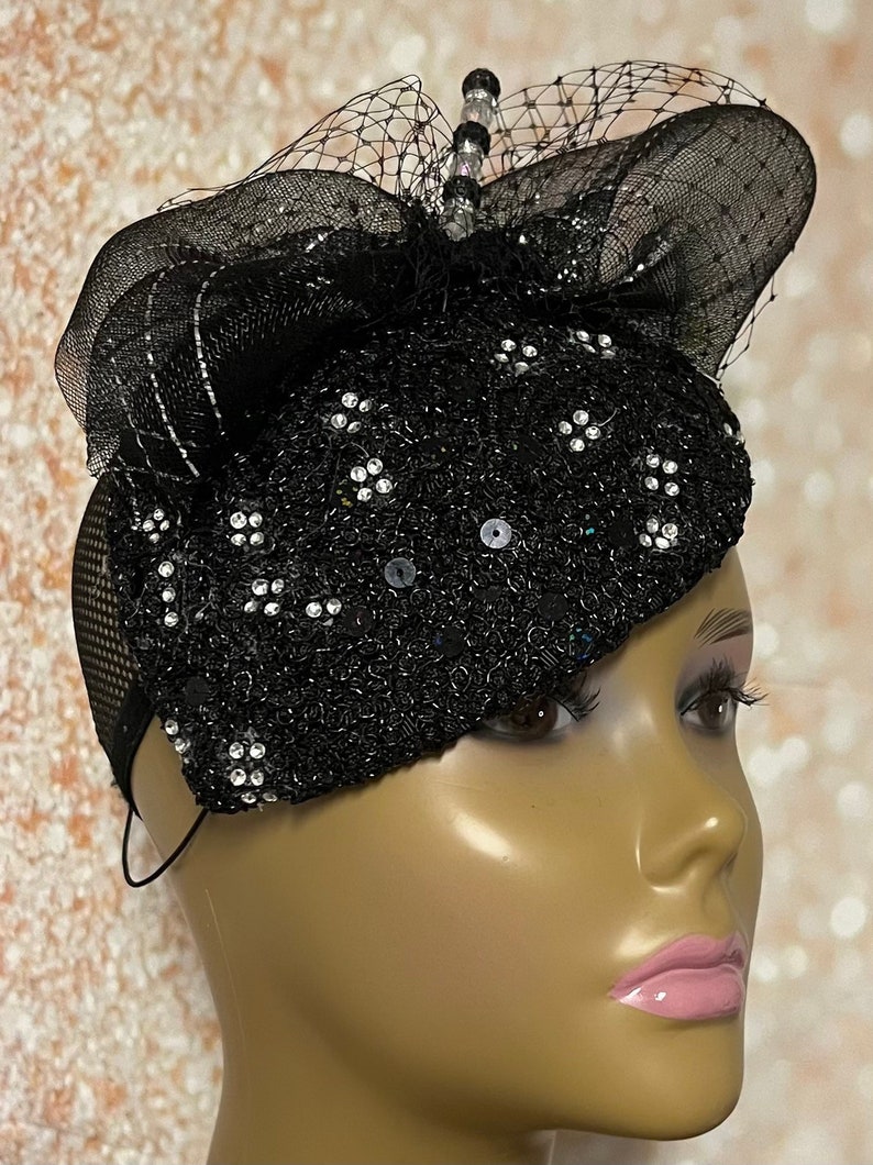 Black Sequin Lace Teardrop Rhinestone Fascinator Half Hat for Church Head Covering, Weddings, Tea Parties and Other Special Occasions image 2