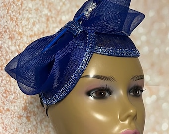Blue Sinamay Fascinator Royal Blue Half Hat for Church head covering, Tea Party, Wedding, and other Special Occasions
