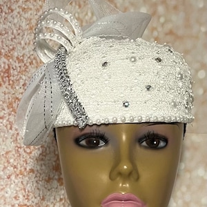 White Embroidered Lace Full Hat Fascinator for weddings, church, tea parties and special occasions