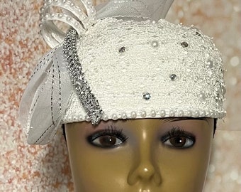 White Embroidered Lace Full Hat Fascinator for weddings, church, tea parties and special occasions
