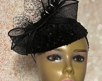 Black Sequin Fascinator Hat, Church and Wedding Headpiece