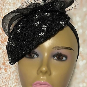 Black Sequin Lace Teardrop Rhinestone Fascinator Half Hat for Church Head Covering, Weddings, Tea Parties and Other Special Occasions image 3