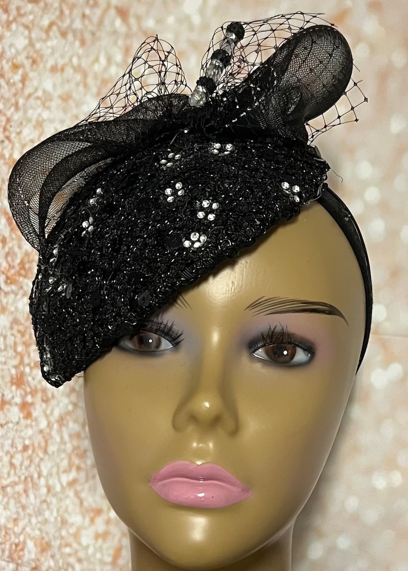 Black Sequin Lace Teardrop Rhinestone Fascinator Half Hat for Church Head Covering, Weddings, Tea Parties and Other Special Occasions image 3