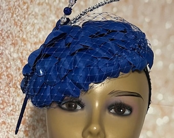 Blue Flower Fascinator Royal Blue Half Hat for Church head covering, Tea Party, Wedding, and other Special Occasions