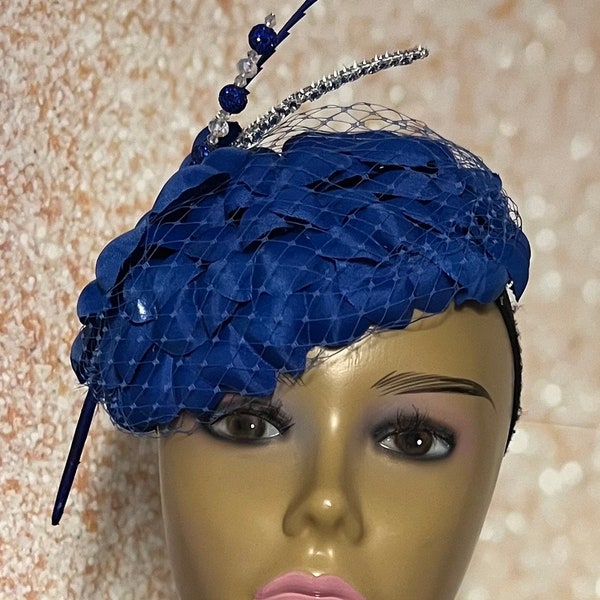 Blue Flower Fascinator Royal Blue Half Hat for Church head covering, Tea Party, Wedding, and other Special Occasions