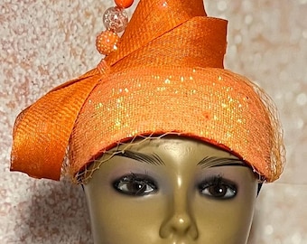 Orange Crystal Rhinestone Full Fascinator Hat for Church  display picture 2