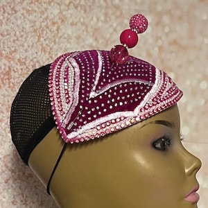 Fuchsia and white Pink Beaded Fascinator Half Hat for Church head covering, Tea Party, Wedding, and other Special Occasions