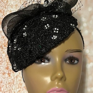 Black Sequin Lace Teardrop Rhinestone Fascinator Half Hat for Church Head Covering, Weddings, Tea Parties and Other Special Occasions image 1