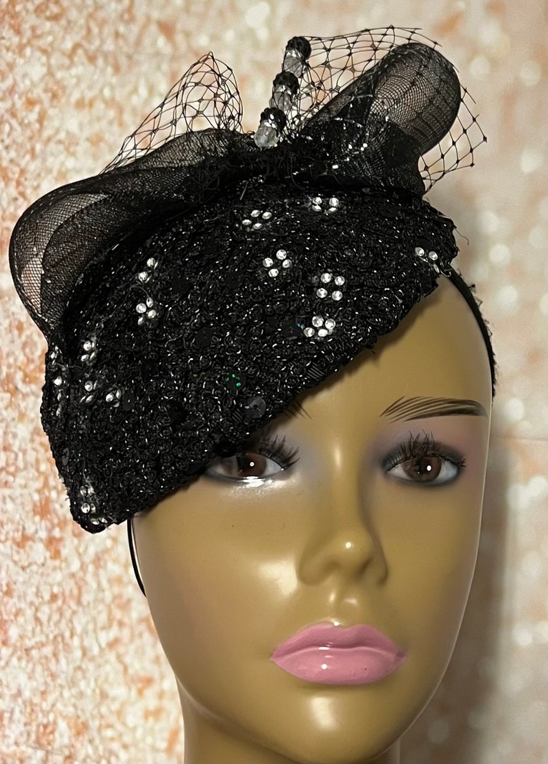 Black Sequin Lace Teardrop Rhinestone Fascinator Half Hat for Church Head Covering, Weddings, Tea Parties and Other Special Occasions image 1