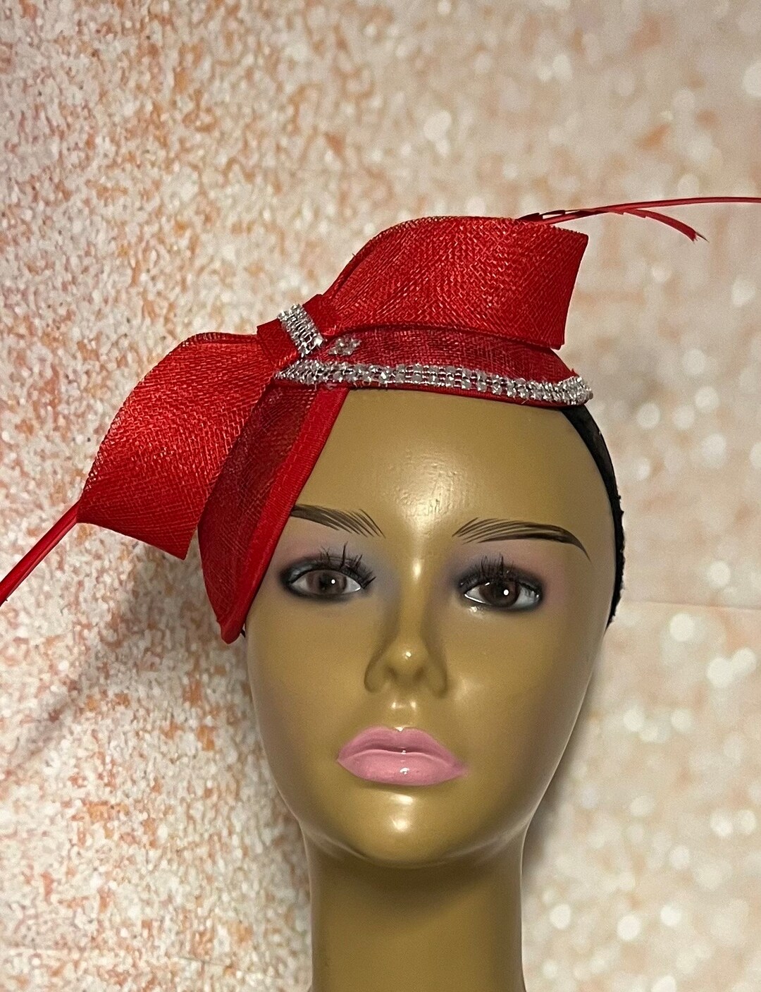 Red Sinamay Fascinator Half Hat, Weddings, Church, Tea Parties, and