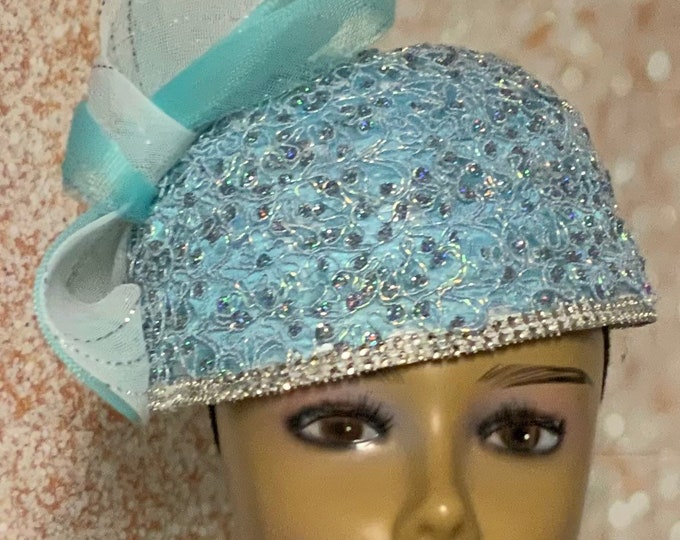Light Blue and Turquoise Pillbox Hat for Church Head Covering, Mother