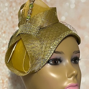 Olive Green and Gold Sinamay Fascinator Hat for weddings, church head covering, tea parties and special occasions