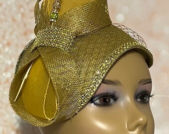 Olive Green and Gold Sinamay Fascinator Hat for weddings, church head covering, tea parties and special occasions