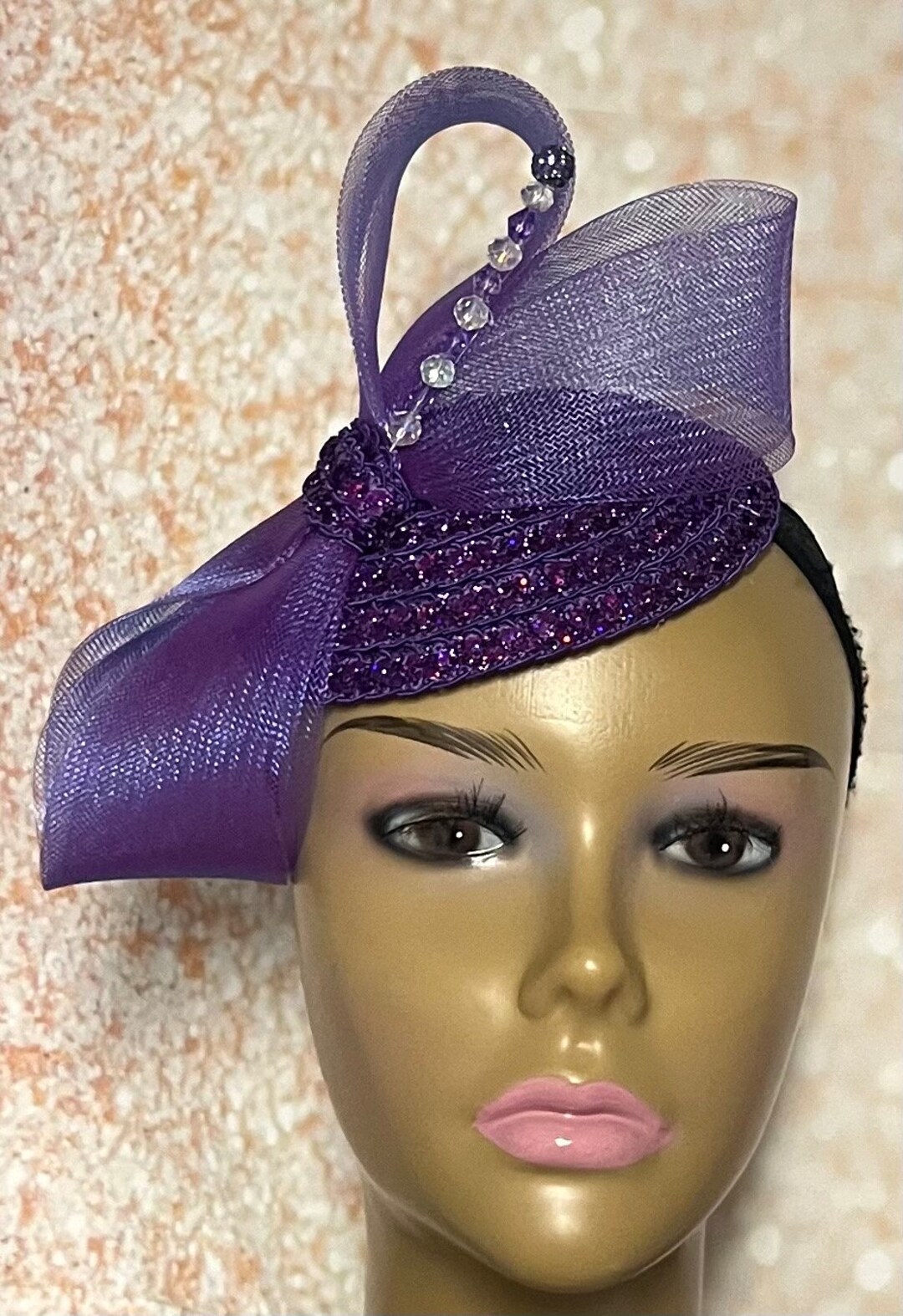 Purple Sequins and Rhinestones Small Hat for Church, Wedding, Mother of
