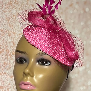 Fuchsia Small Pink Sequin Beaded Fascinator Half Hat for Church head covering, Tea Party, Wedding, and other Special Occasions