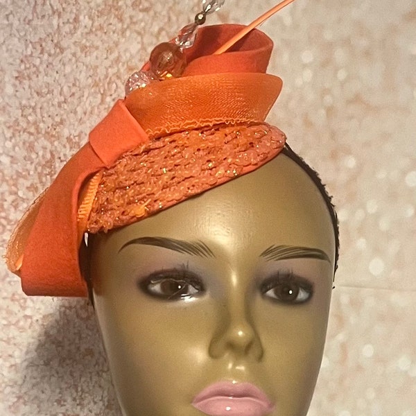 Orange Sequin Felt Small Half Hat Fascinator for Church Head Covering, Wedding, Tea Party, Mother of the Bride, and Other Special Occasions