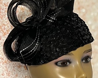 Black Sequin Half Hat, Church Head Covering, Tea Party