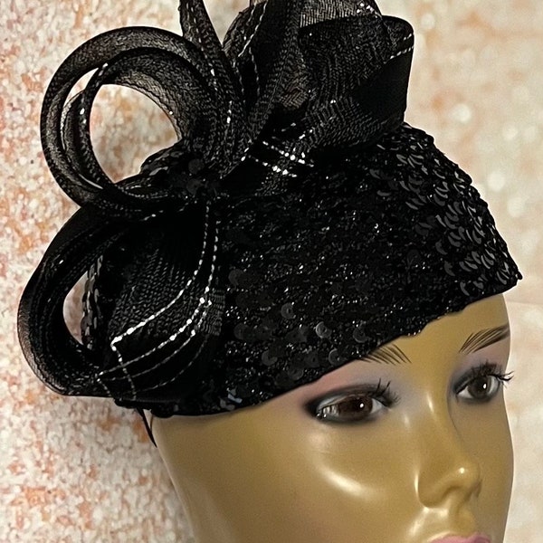 Black Sequin Half Hat for Church Head Covering, Mother of the Bride, Tea Party and other Special Occasions