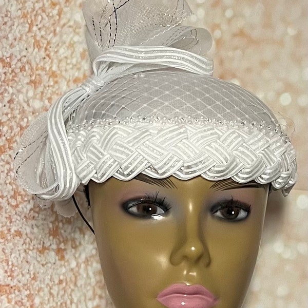 White Satin Fascinator Half Hat for Church Head Covering, Tea Party, Wedding and Other Special Occasions