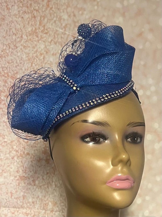 Royal Blue Sinamay Fascinator: Rhinestone & Bow Half Hat - Etsy display picture 3