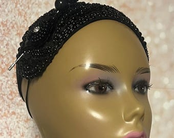Black Sequin Beaded Lace Fascinator Headband: Wedding, Church