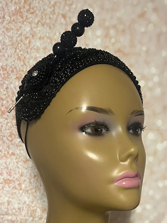 Black Sequin Beaded Lace Fascinator Headband: Wedding  display picture 1