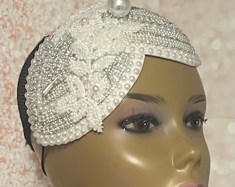 White Teardrop Double Cup Half Hat Fascinator for weddings, church, tea parties and special occasions