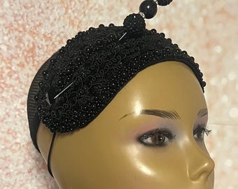 Black Beaded Embroidered Lace Fascinator Headband: Gemstone Half Hat for church, weddings and other special occasions