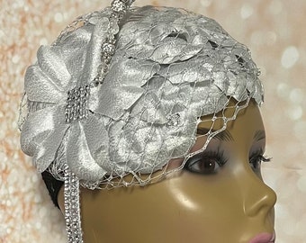 Silver Flower Fascinator Half Hat for Church head covering, Tea Party, Wedding, and other Special Occasions