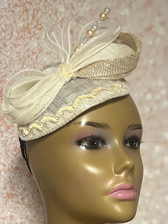 Cream Sequin Church/ Special Occasion Hat White Church Hat: Rhinestone Brooch, Silver Trim, Crinoline  main image 4