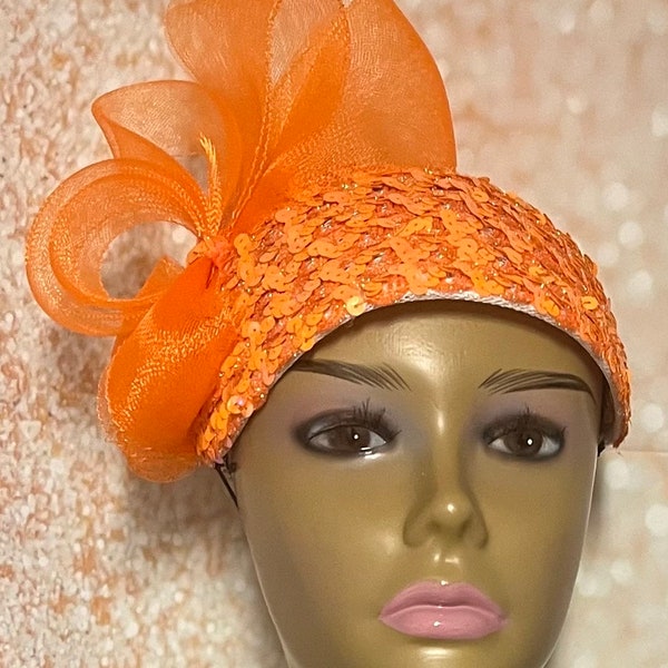 Orange Sequin Half Hat Fascinator for Church Head Covering, Wedding, Tea Party, Mother of the Bride, and Other Special Occasions