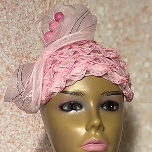 Beautiful Light Pink Fascinator Full Hat for Church head covering, Tea Party, Wedding, and other Special Occasions